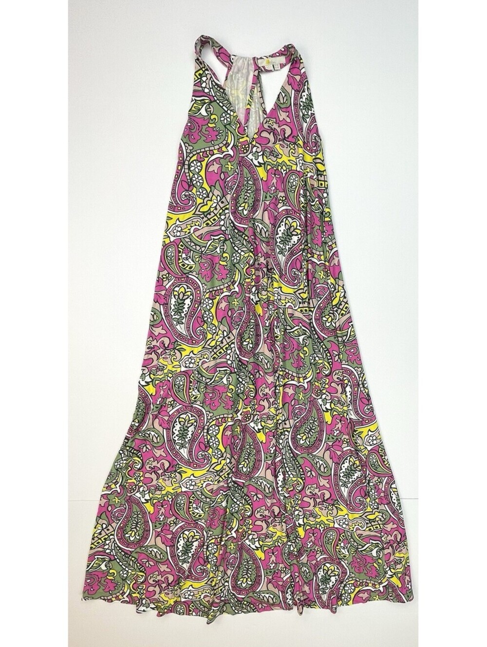 Boden Sleeveless Paisley Maxi Dress 4R Pink Green Boho Summer Gown Missing Belt